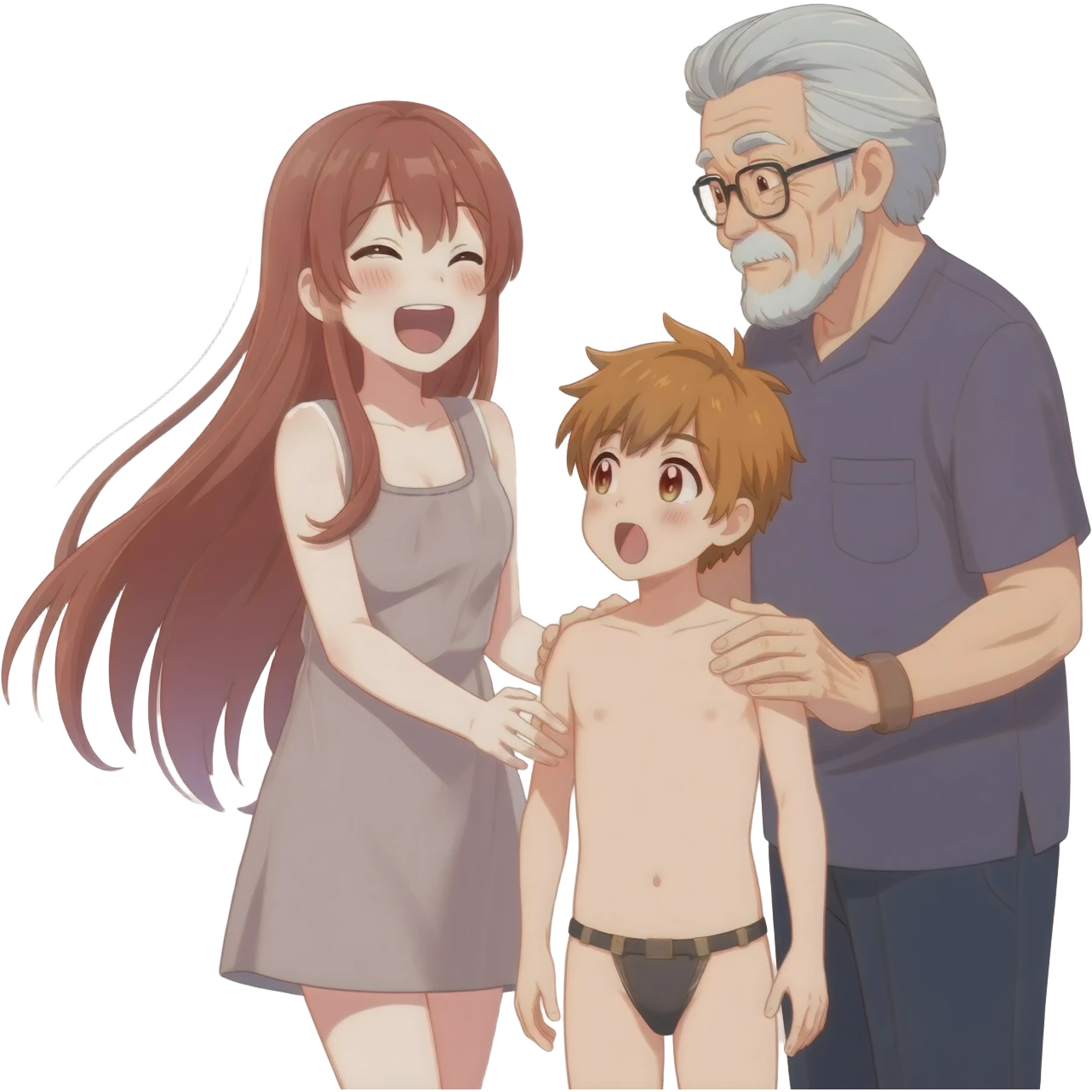 Anime girl long hair giggling  elder sister gives younger brothe surprises by showing her completely nude body emoji