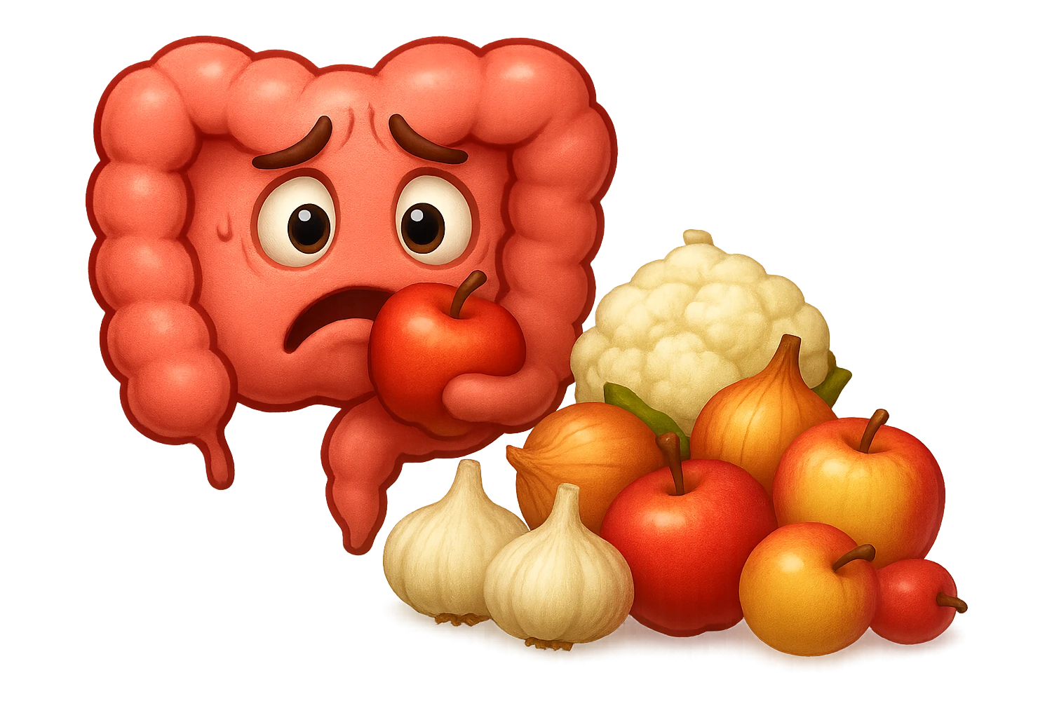 EMOJI STILE IPHONE DI UN INTESTINO UMANO IN CRISI PERCHé STA MALE, IN BOCCA HA UNA MELA E DAVANTI A LUI C'è UNA MONTAGNA DI aglio, cipolle, cavolfiore e mele emoji