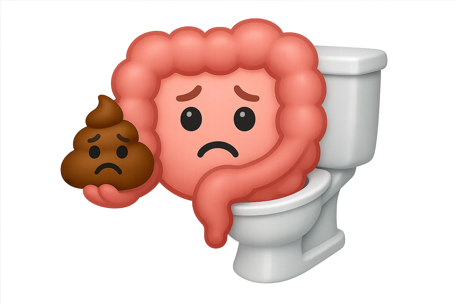 emoji stile iphone di un intestino che esce dal wc con in mano una montagnetta di feci con espressione triste a palline emoji