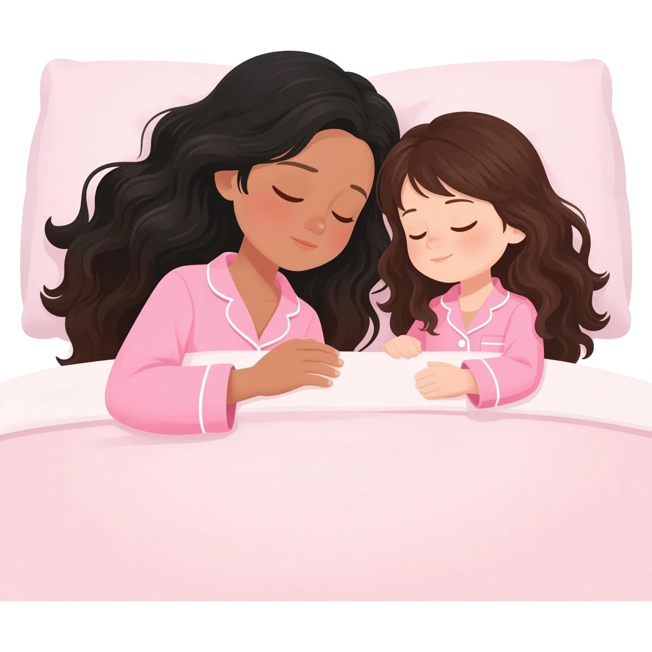 Black hair brown girl with long wavy black hair with brown eyes and sleeping with cute little girl with long wavy hair dark color with fair skin in matching pink pijamas in white bed emoji