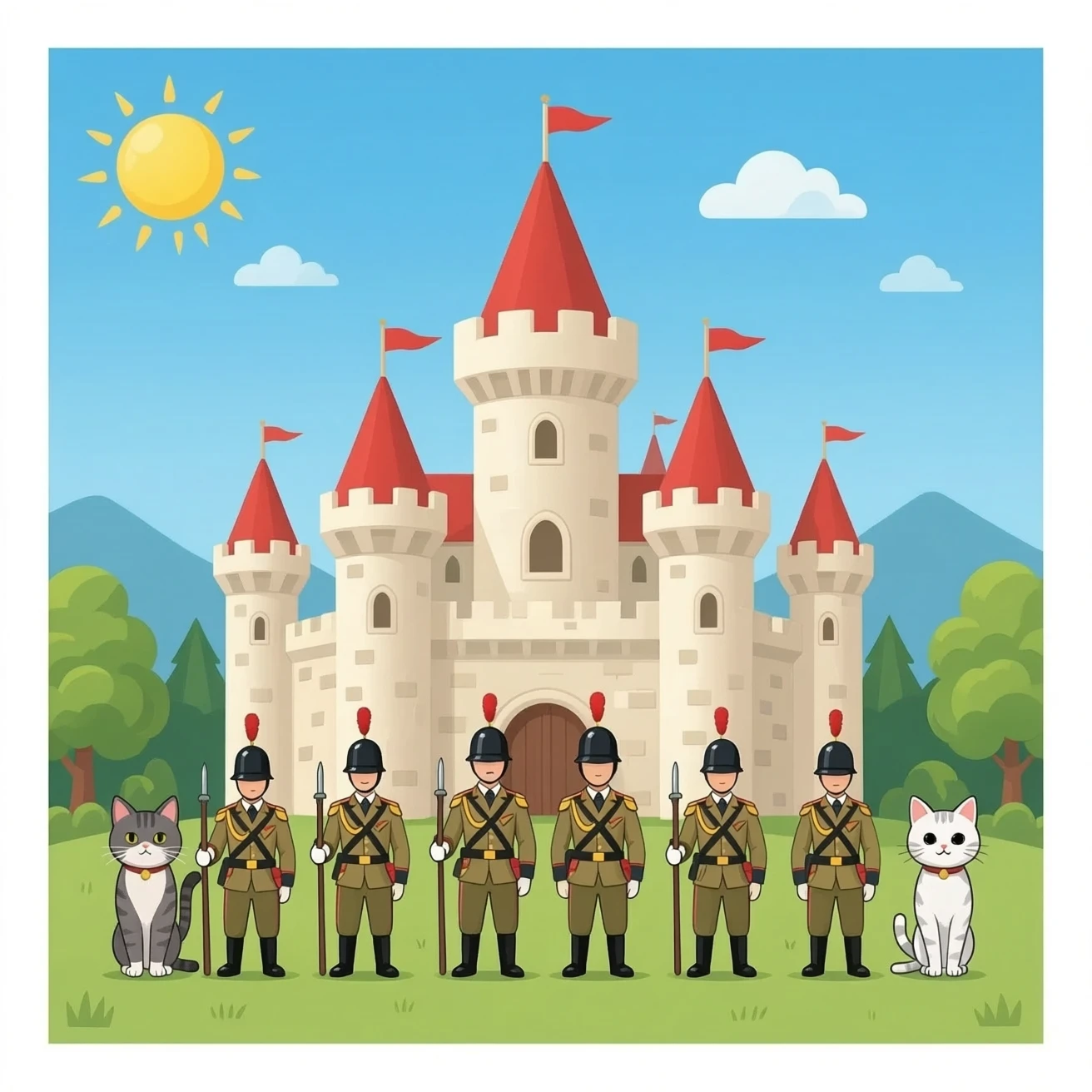 I want a castle and cats in front of the castle like soldiers emoji