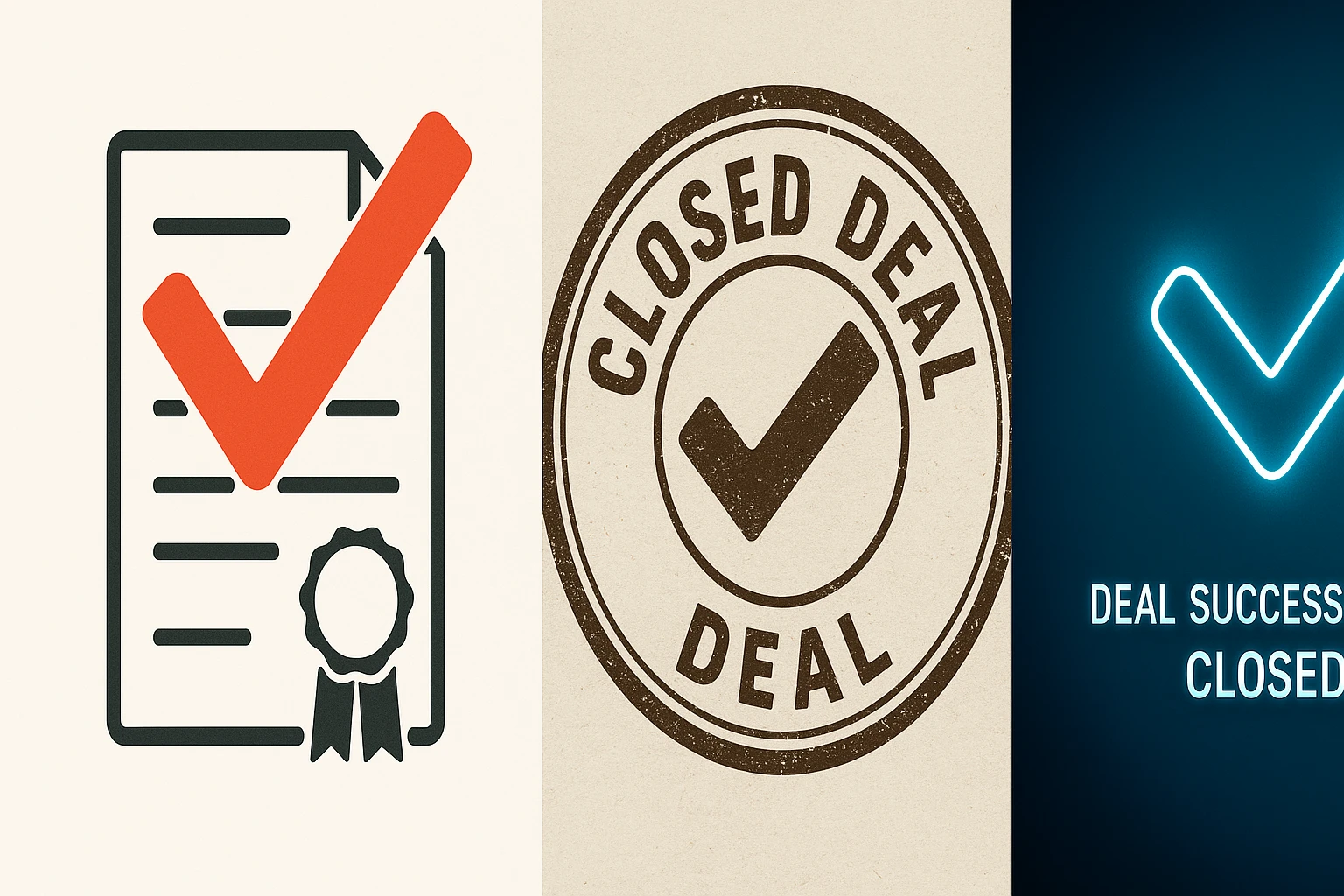 A checkmark stamped on a document, signifying a closed deal, in four distinct visual interpretations. emoji