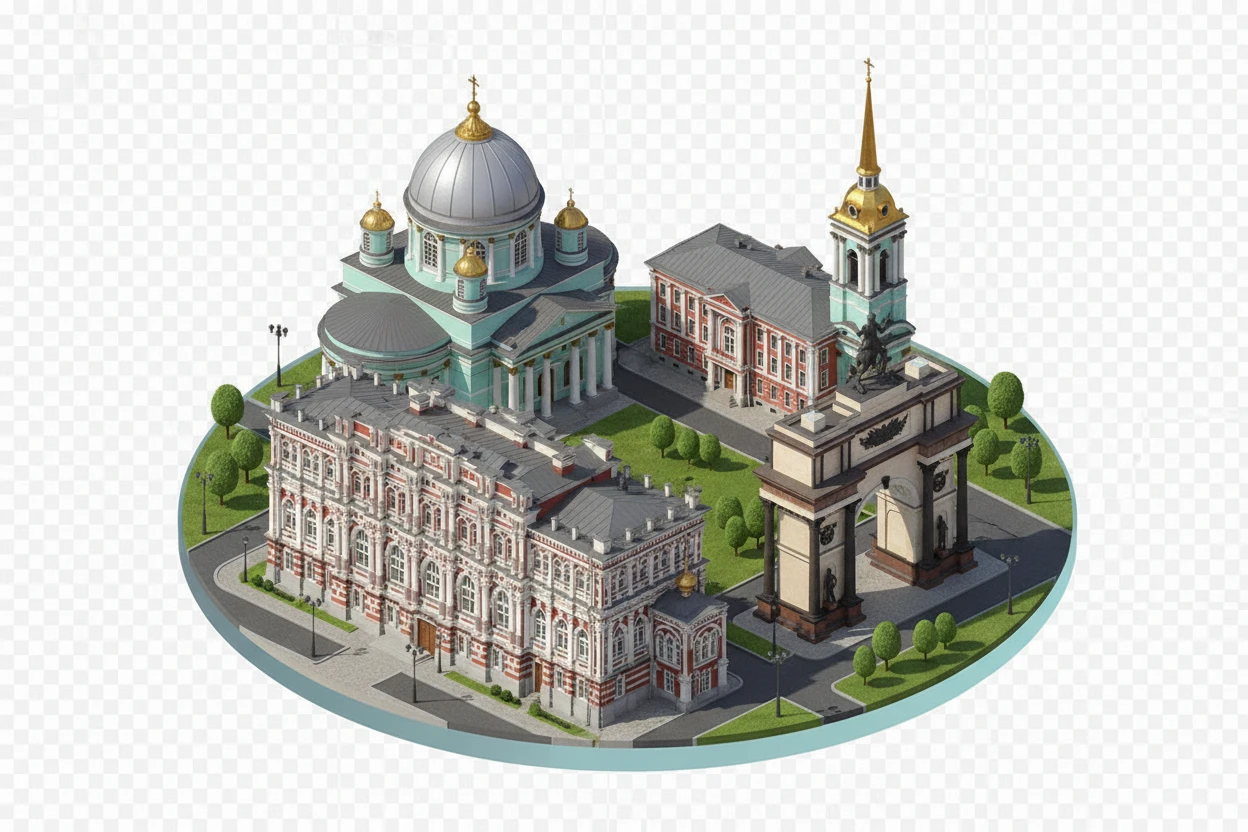 Изометричная, яркая, детализированная и фотореалистичная иллюстрация панорамы города Курска на круглой подставке, Знаменский собор, здание Дворянского собрания, Триумфальная арка в стиле 3D-коллажей городов, чёткие линии, объемная реалистичная стилистика, прозрачный фон, не обрезать края картинки emoji