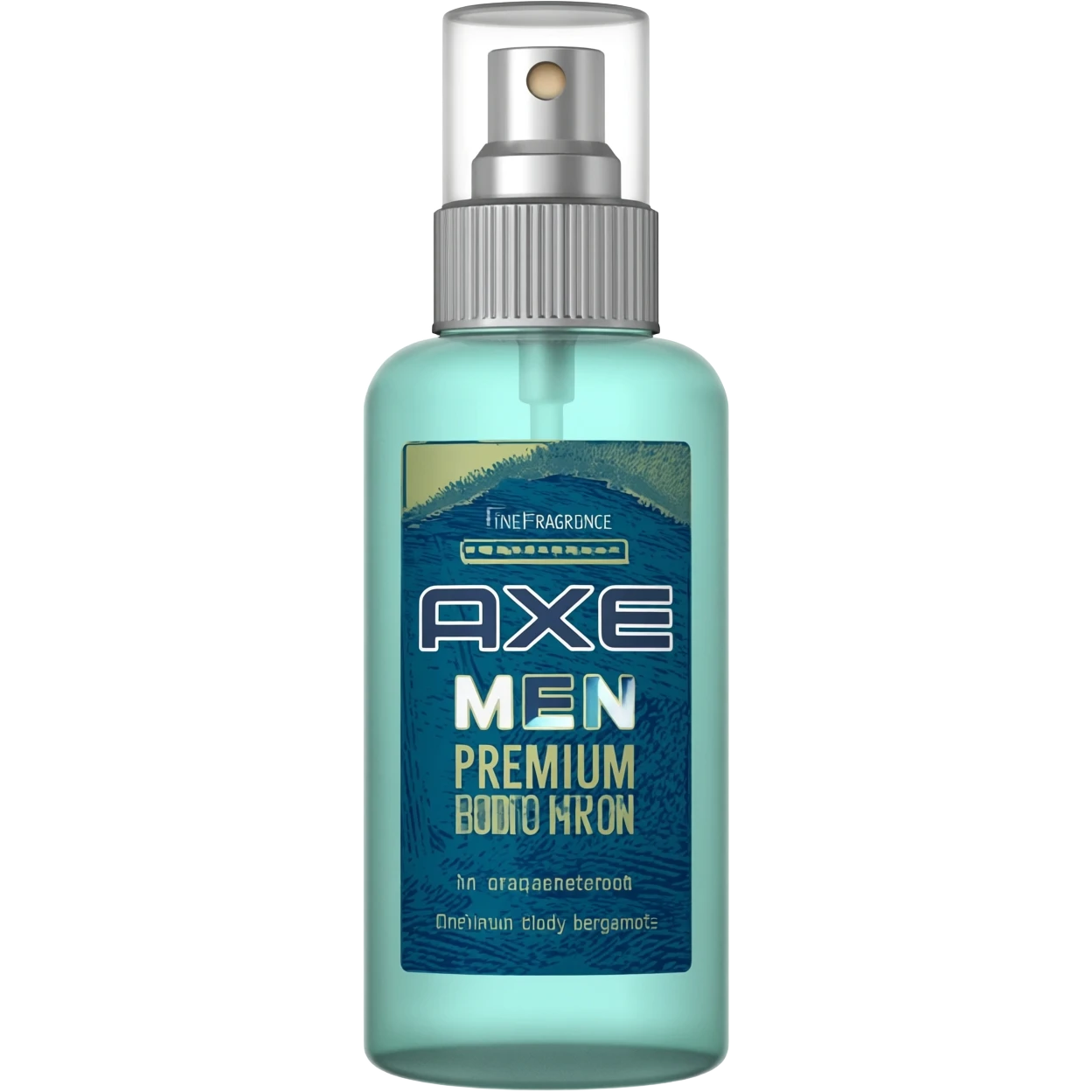 Hyperrealistic 3D rendering, insane detail, AXE Fine Fragrance Collection Premium Body Spray for Men, Aqua Bergamot deodorant, 16k hd emoji