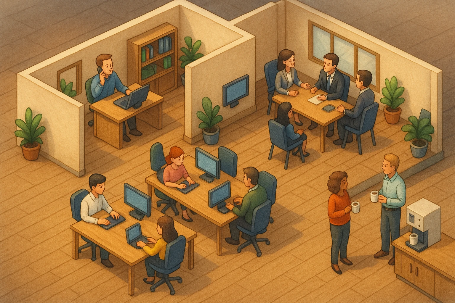 В слегка рисованном, но при этом ярком и объемном стиле - четкую, изометрическую 3D-сцену в мультяшном стиле с видом сверху под углом 45°, изображающую офис кабинетами, open space и другими характерными местами. В офисе работают люди - кто-то говорит по телефону, работает за компьютером, другие пьют кофе, сидят на общем собрании, переговори. Используйте мягкие, изысканные текстуры с реалистичными PBR-материалами и мягким, реалистичным освещением и тенями.  emoji