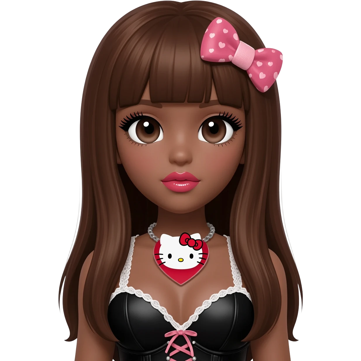 heart shaped lips, cute glossy lips, doll eyes with long lashes, dark brown skin, long brown hair, big chest, hello kitty necklace, one bow clip, bimbocore outfit, emoji