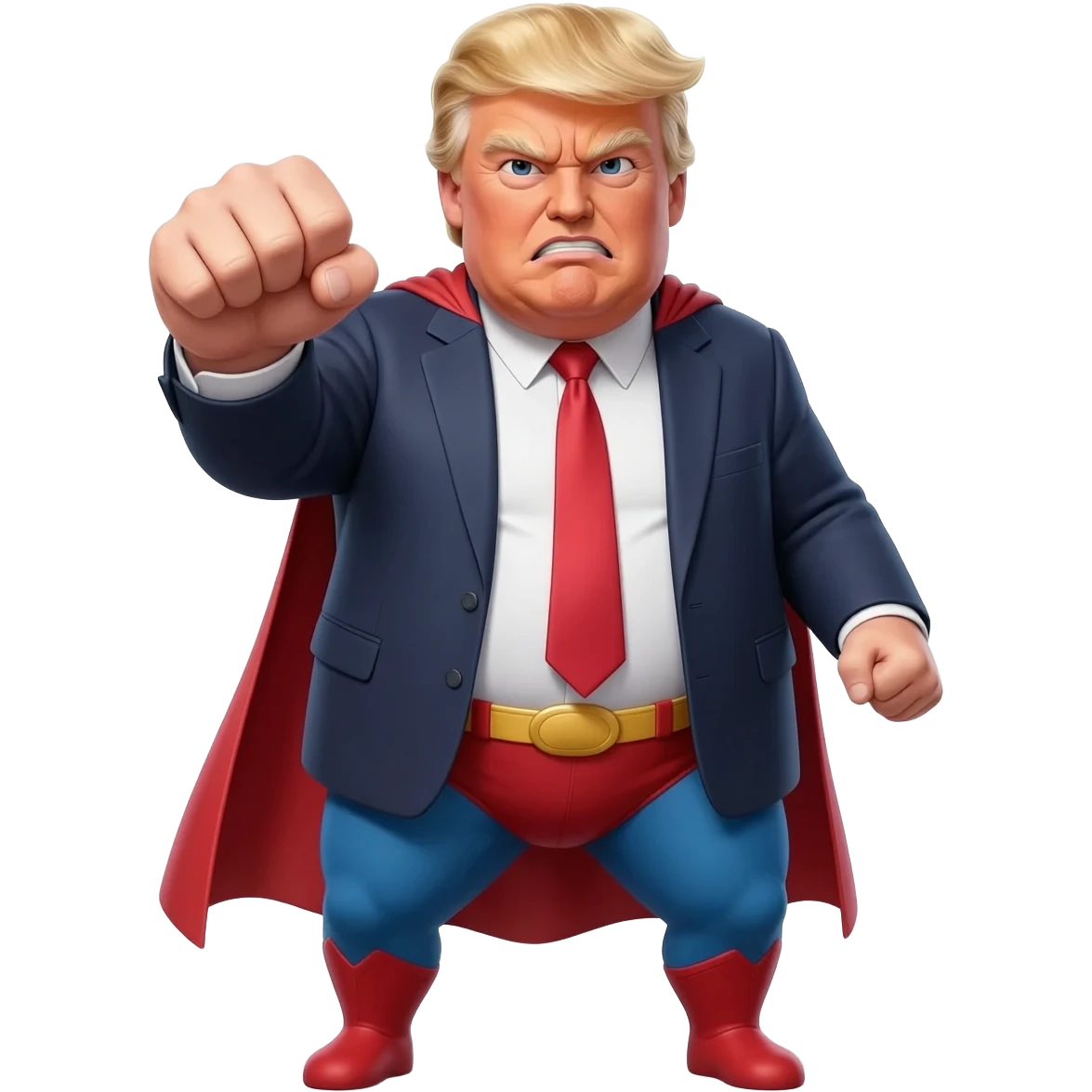 an angry old and fat President Donald Trump in a realistic style, even more realistic and not cartoonist at all, make it un flatering, real life photo, powering up for a super hero attack, full body, photo realism emoji