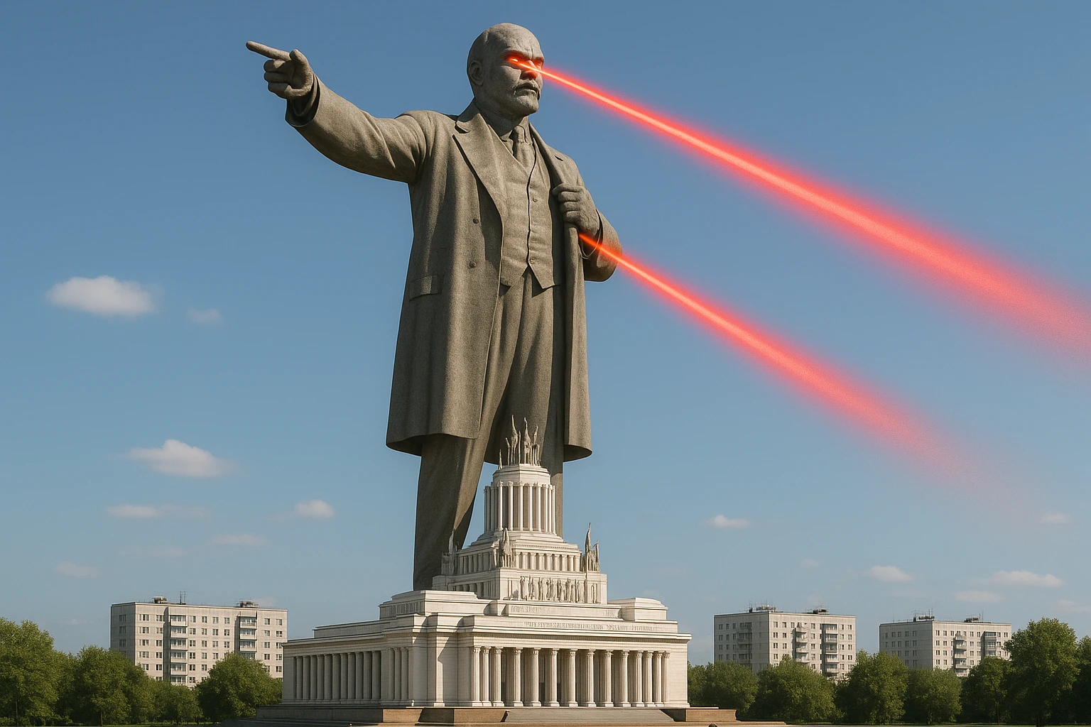 Дворец Советов, основной упор на 100-метровую фигуру Ленина, у которой из глаз вылетают 2 луча прожектора красного цвета.

На фоне можно поставить обычные пятиэтажки-панельки, которые в 20 раз меньше Дворца Советов

Стиль фото реализм, обычный солнечный день  emoji