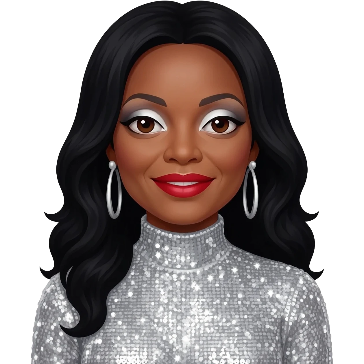 Diana Ross with dark brown eyes, white eyeshadow, red lipstick, long black hair, silver sequin turtleneck dress, silver earrings emoji