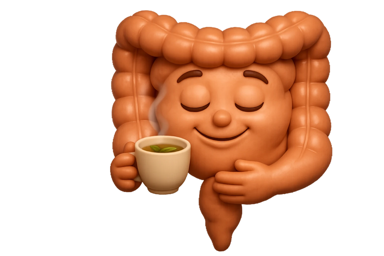 emoji stile iphone 3d di intestino umano sereno che si tocca la pancia mentre sorseggia un thè alle erbe, iperrealistico 4k emoji