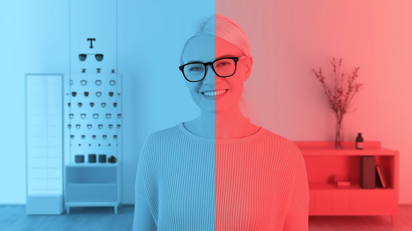 Cinematic still, Proffesional advertising of a smiling european white woman with glasses smiling, minimalistic ophthalmologist interior in background, leading  lines, "rule of thirds", 60/30/10 colors, soft light, blue and red emoji