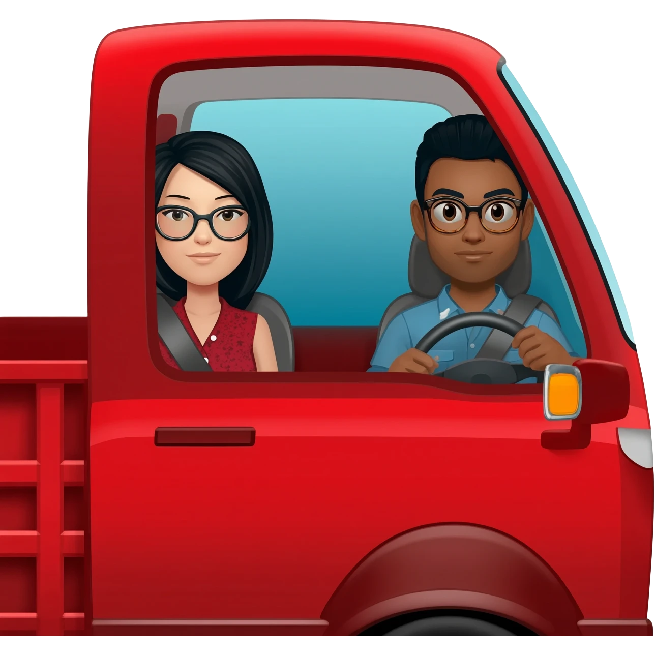 Camioneta roja mazda, con una mujer en el volante de pelo negro y lentes, y un copiloto hombre de pelo corto negro y lentes emoji