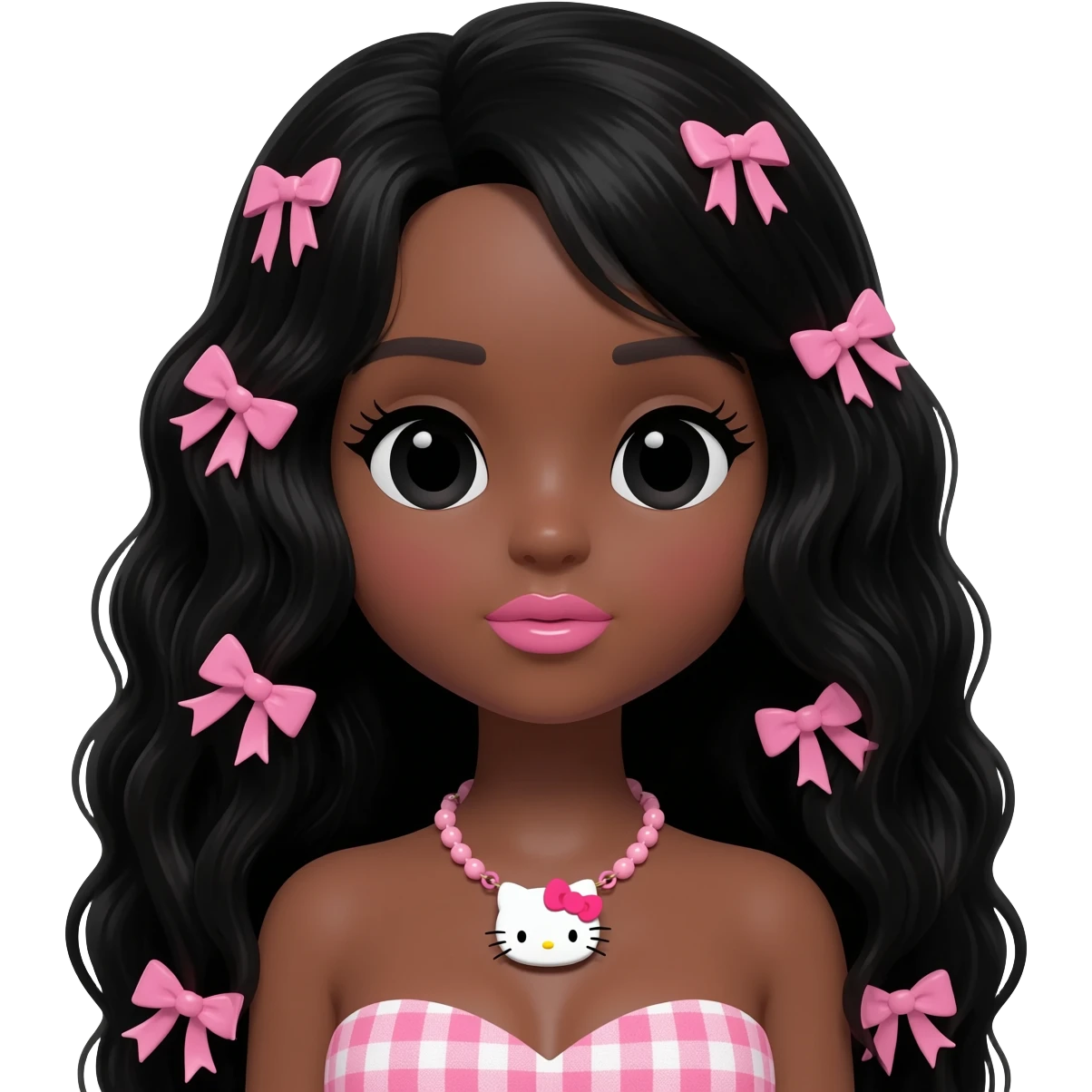 hello kitty necklace, doll eyes, Doll, big chest, dark brown skin, long curl black hair, black cute eyes, pink bows with cute lips emoji