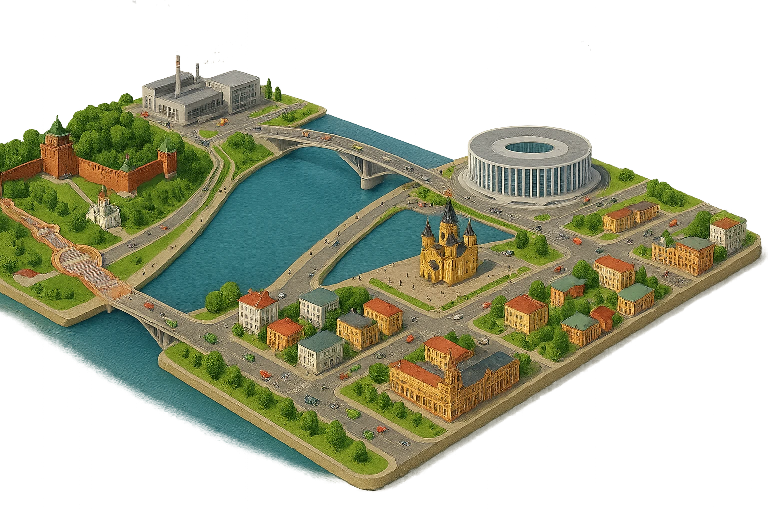 Изометричная миниатюрная фотореалистичная 3D модель панорамы Нижнего Новгорода - Нижегородский Кремль, Стрелка между Окой и Волгой, стадион Нижний Новгород, ГАЗ, Чкаловская лестница, Борский Мост через Волгу, Нижегородская ярмарка, нижегородские дома, автотранспорт четкие линии, яркие цвета, люди, компактная композиция, вид сверху в изометрии, прозрачный фон emoji
