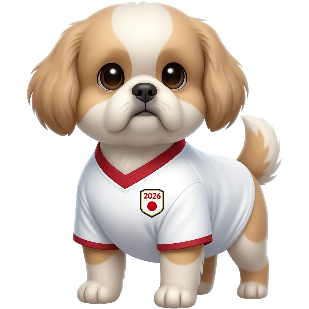 white and light brown shih zhu wearing a Japan white and red soccer jersey v neck 2026 work cup emoji