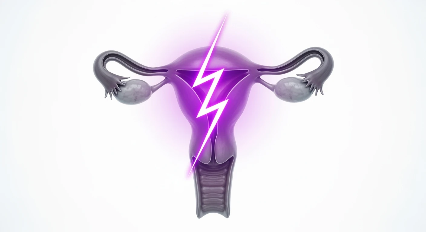 utero umano anatomico iperrealistico con fulmine di dolore sopra con questo colore: #971ef1, isolato su sfondo bianco, iperrealistico 4k emoji