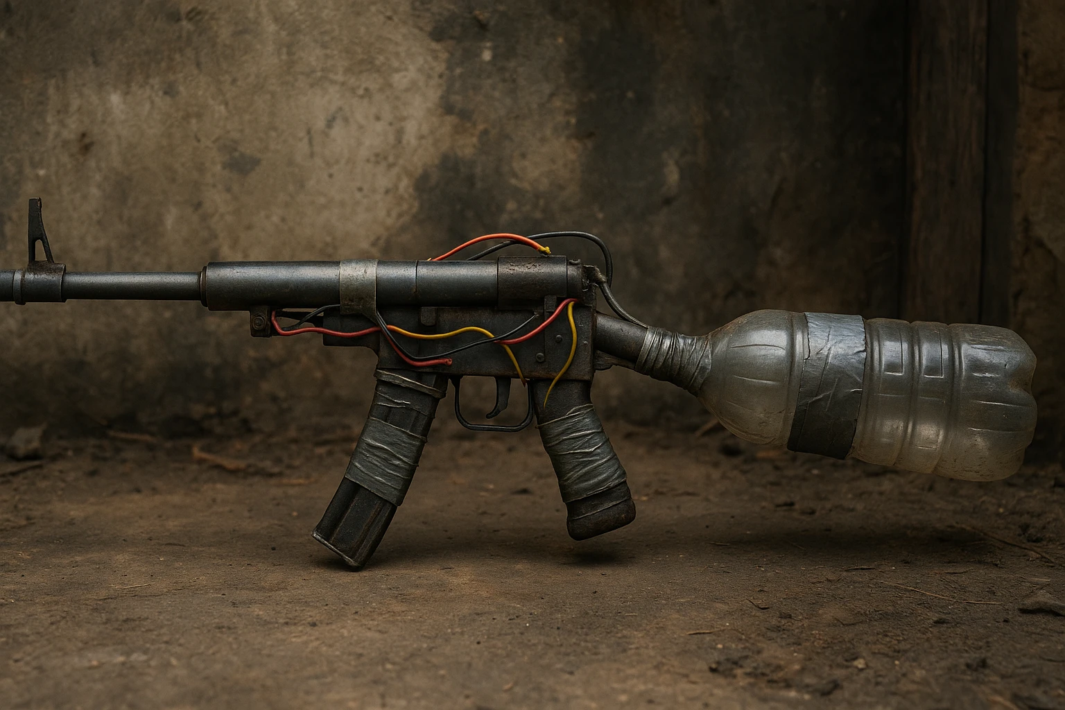 realistic improvised rifle made from pipes and plastic bottles, featuring duct tape, exposed wiring, and a bottle used as a stock, in a gritty survivalist setting emoji