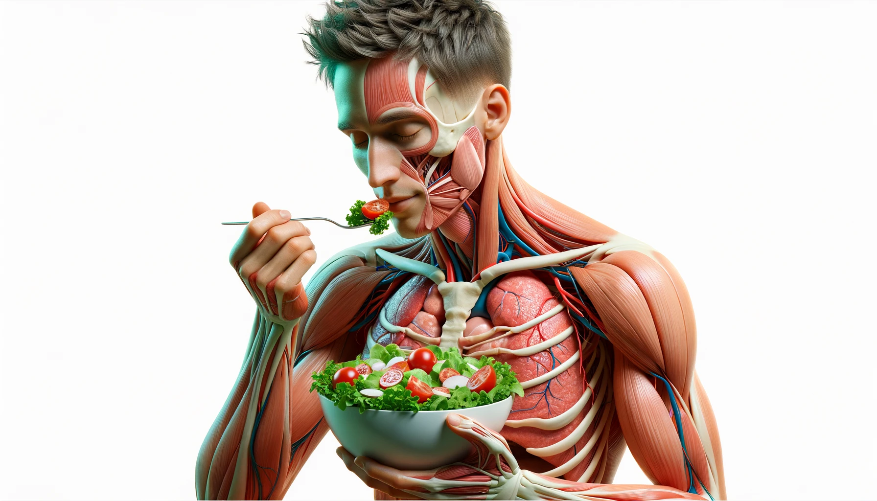 corpo umano anatomico con capelli corti che mangia un insalata con espressione serena in volto, organi sani in evidenza, iperrealistica 4k, isolato su sfondo bianco emoji