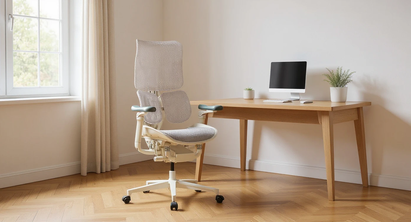 Editorial shot, Make this chair next to desk with mac setup, minimalistic room, bright and warm emoji