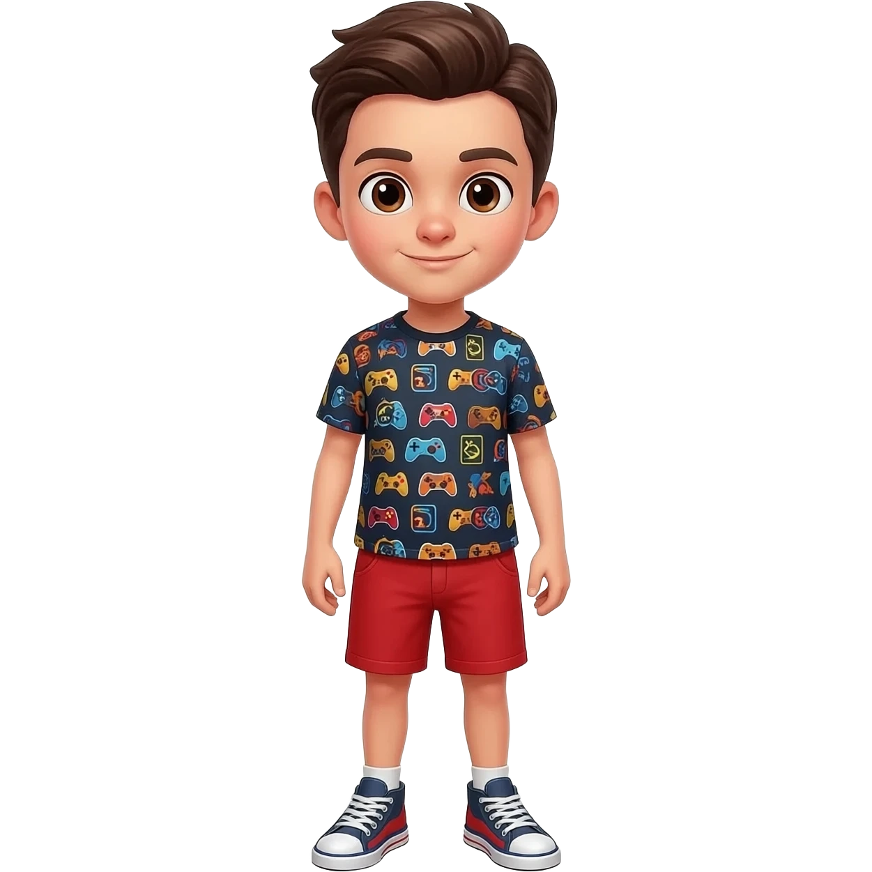 Boy with dark brown hair, combed neat, parted to the side and brown eyes. Wearing a video game themed shirt and red shorts outfit with matching sneakers. emoji