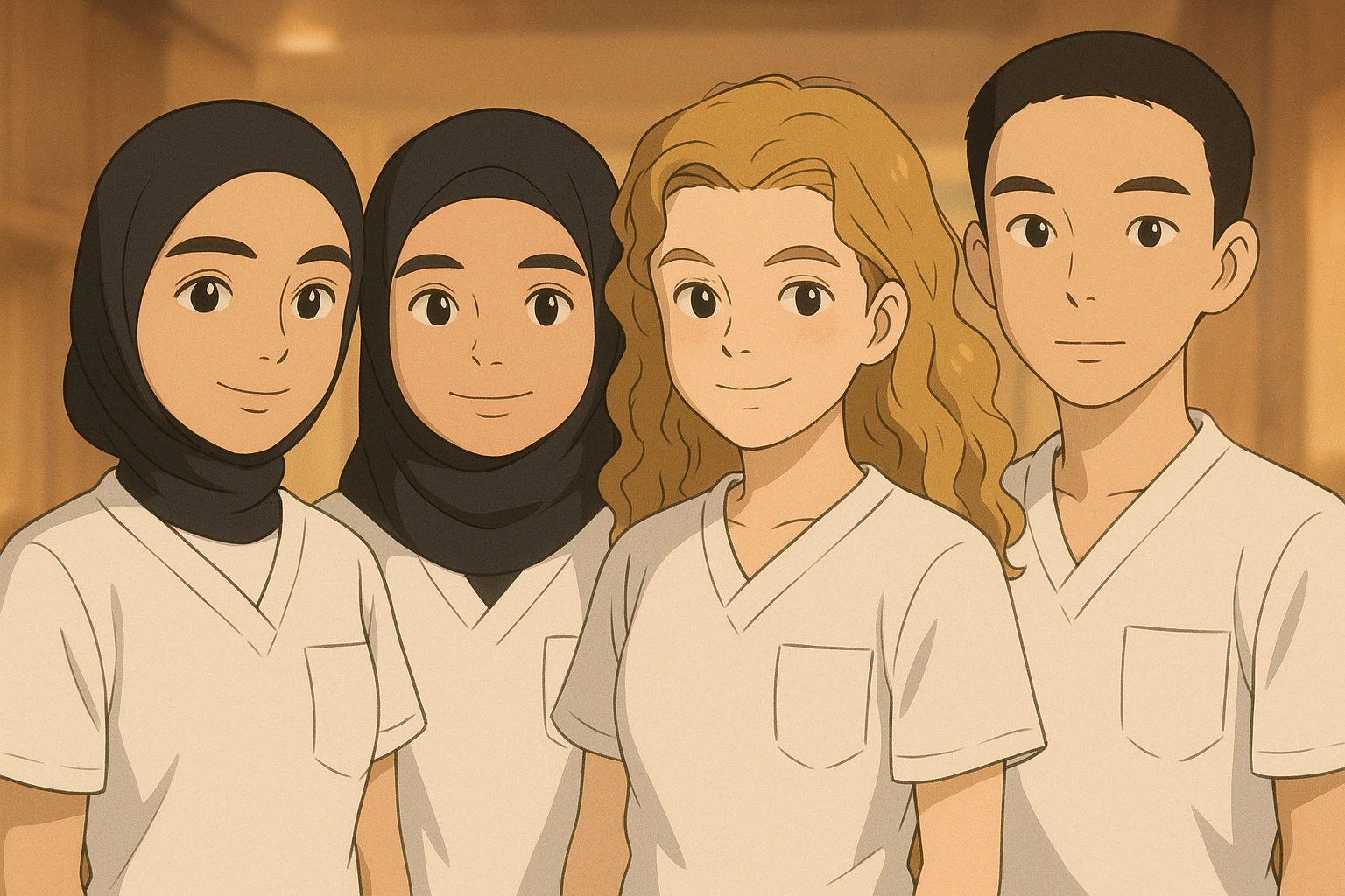 Four nursing students side by side in a warm indoor setting, wearing white medical uniforms with short sleeves, V-neck collar, no collar at the neck, no undershirts, left chest pocket, with a blurred background, in Ghibli style. emoji