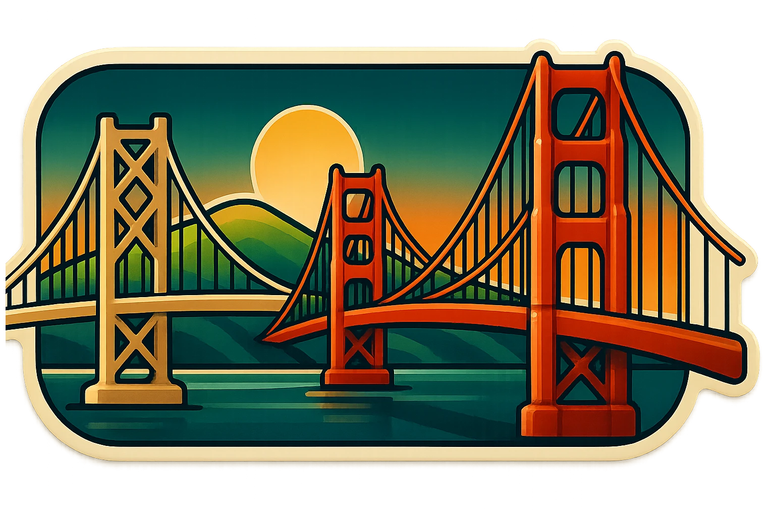 Bay Area retro art deco logo, 3.5:1 wide ratio, larger size, no text, featuring iconic elements like the Golden Gate Bridge, Bay Bridge, rolling hills, and geometric shapes, bold lines, vintage color palette emoji