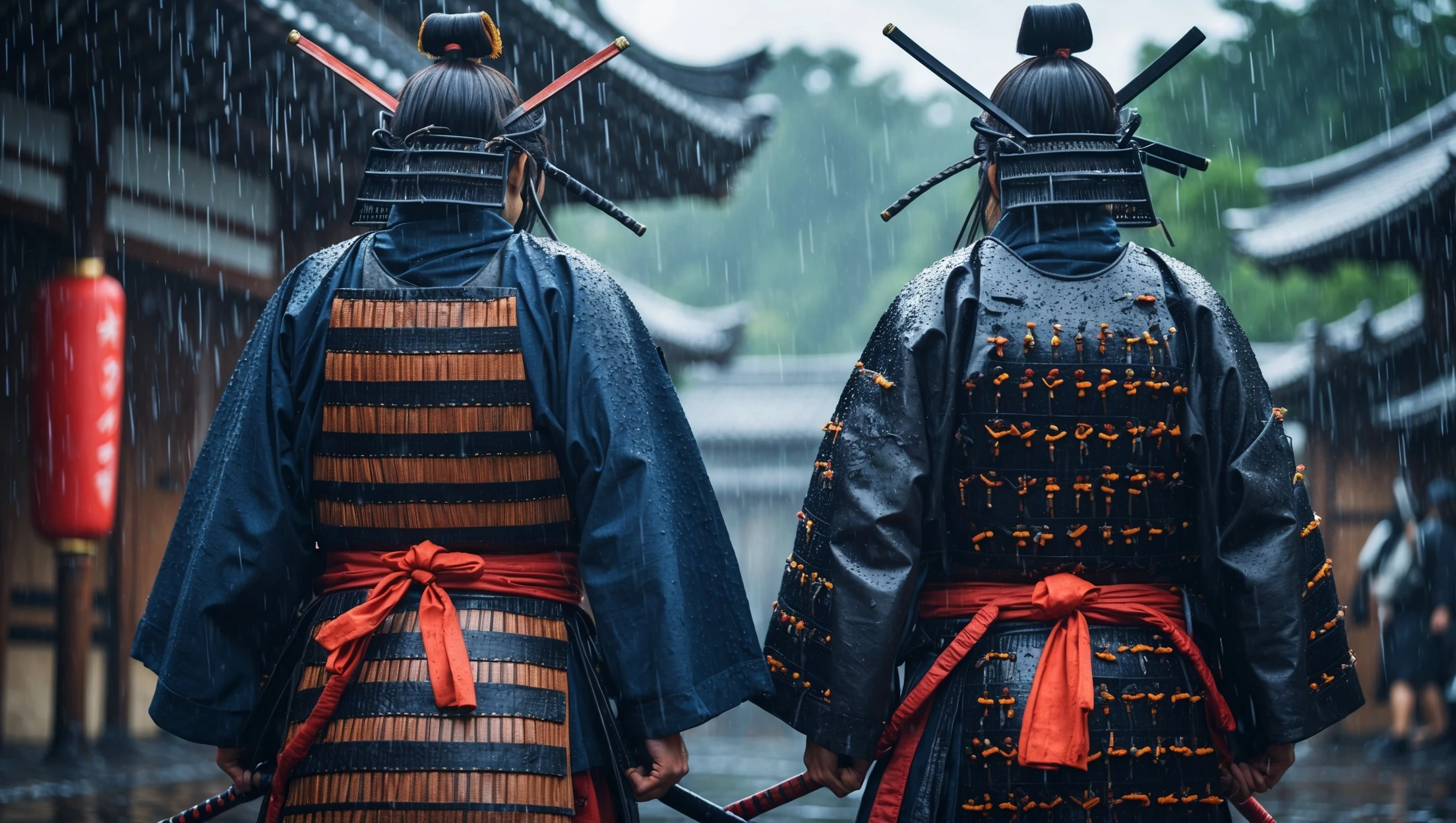 A cinematic scane of a two japan samurai ready to fight during rain, deph composition, tense atmosphere, shot by arri alexa emoji