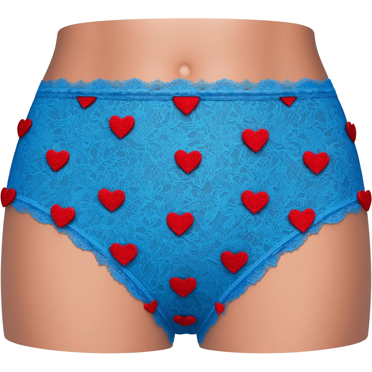 pair of womens lacy briefs in blue with lots of red hearts on them. emoji