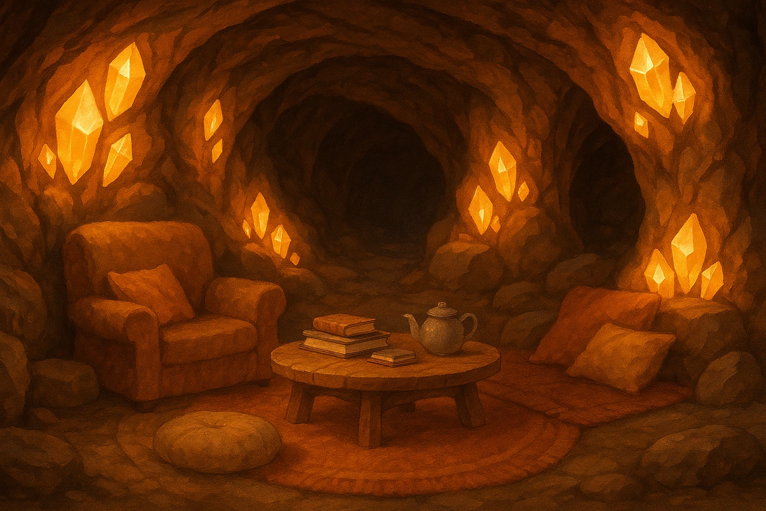 a cozy cave interior with glowing crystals, warm light, fantasy style emoji