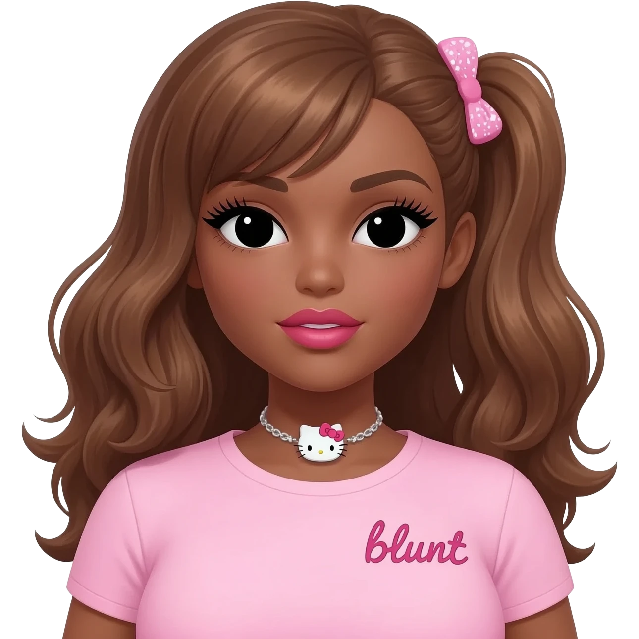 Long lashes, my melody hairclip, Doll faced shaped, hello kitty necklace, bimbo, black doll eyes, Big lips barbie, long dark brown skin with honey brown hair, light pink bimbo shirt says "blunt" , big breast emoji