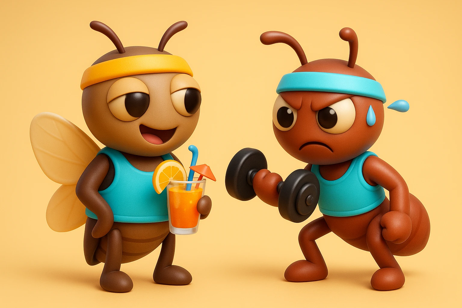 EMOJI STILE IPHONE 3D DI UNA CICALA E UNA FORMICA IN ABITI FITNESS, LA CICALA HA IN MANO UN COCKTAIL MENTRE LA FORMICA HA IN MANO UN MANUBRIO DA PALESTRA. L'IMMAGINE RAPPRESENTA IL FATTO CHE LA FORMICA VOGLIA IMPEGNARSI REALMENTE PER CAMBIARE IL SUO FISICO MENTRE LA CICALA SI VUOLE DIVERTIRE E NON CONCLUDE NULLA ALLA FINE emoji