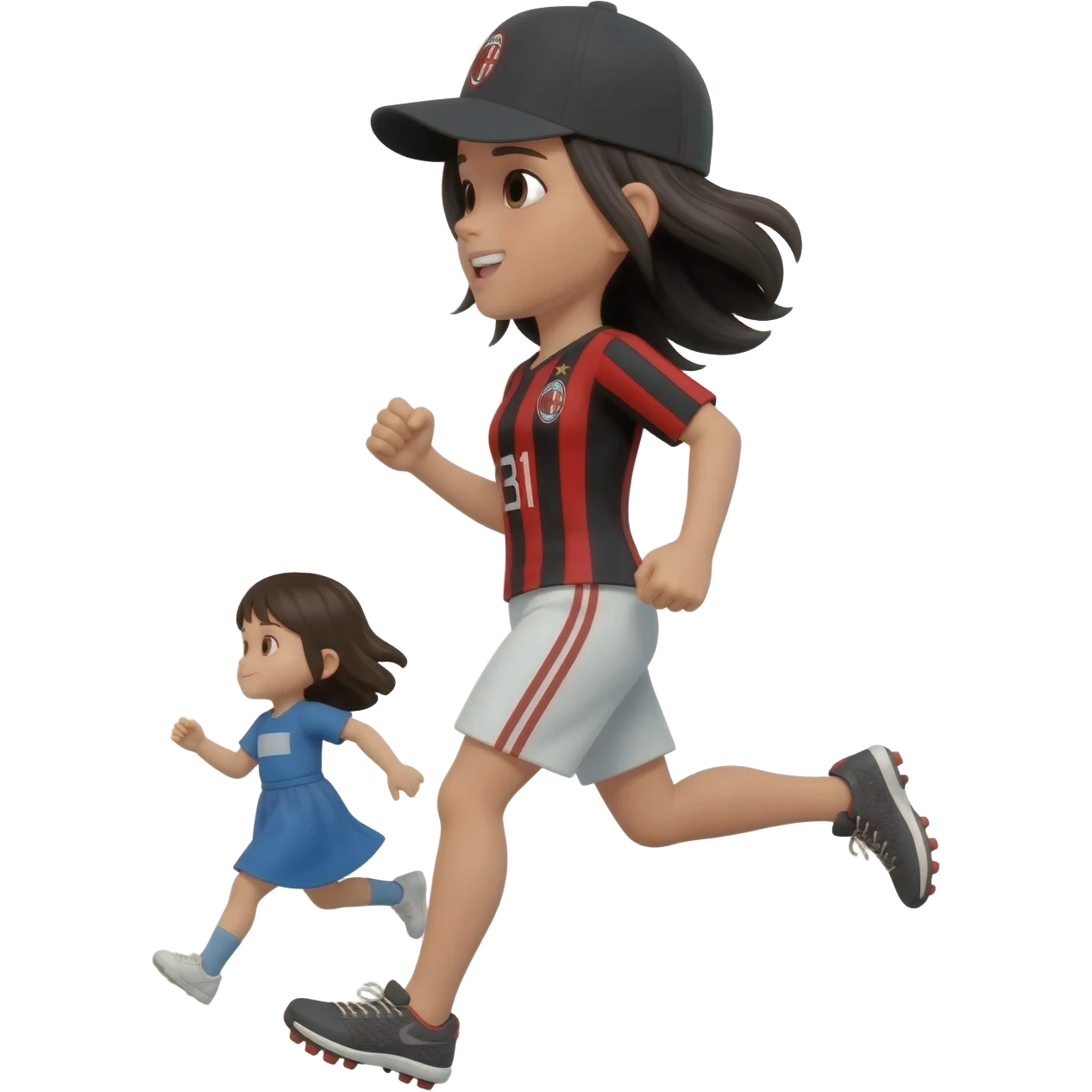 Ragazza capelli neri maglia milan e cappellino che corre con una bimba emoji