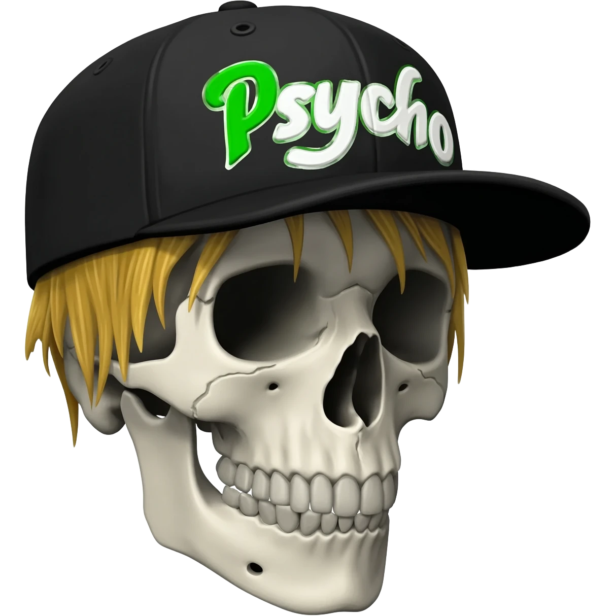 Create a skeleton head wearing a black baseball cap that says " Psycho " in Green, and white lettering, with dirty blonde hair emoji