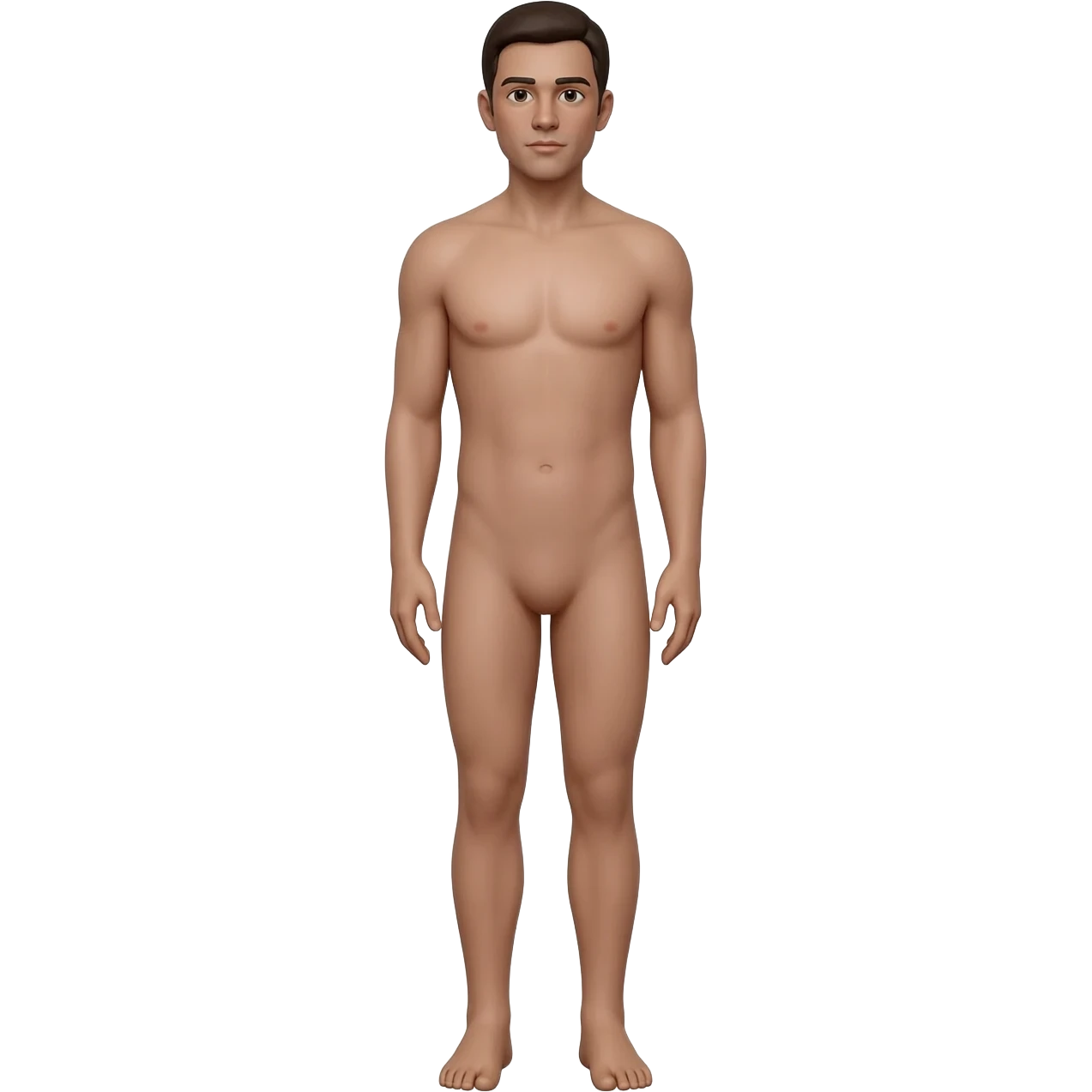 cuerpo humano completo con piel, vista frontal, mostrando todo el cuerpo desde la cabeza hasta los pies, proporciones anatómicas correctas, brazos a los lados del cuerpo, piernas rectas, rostro neutral, piel natural emoji