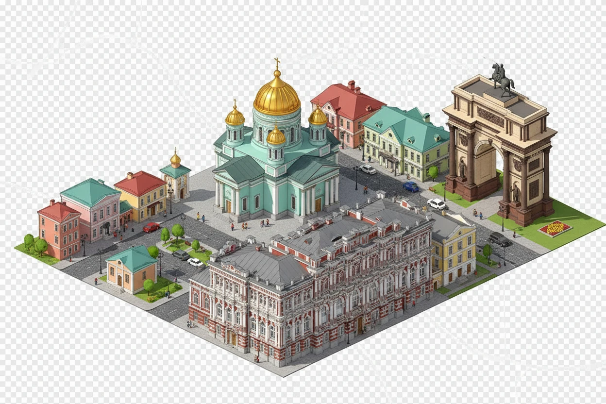 Изометричная, яркая, детализированная и фотореалистичная иллюстрация панорамы города Курска, включая Знаменский собор, здание Дворянского собрания, Триумфальная арка в стиле 3D-коллажей городов, аккуратные и чёткие линии, мультяшно-реалистичная стилистика, прозрачный фон, не обрезать края картинки emoji
