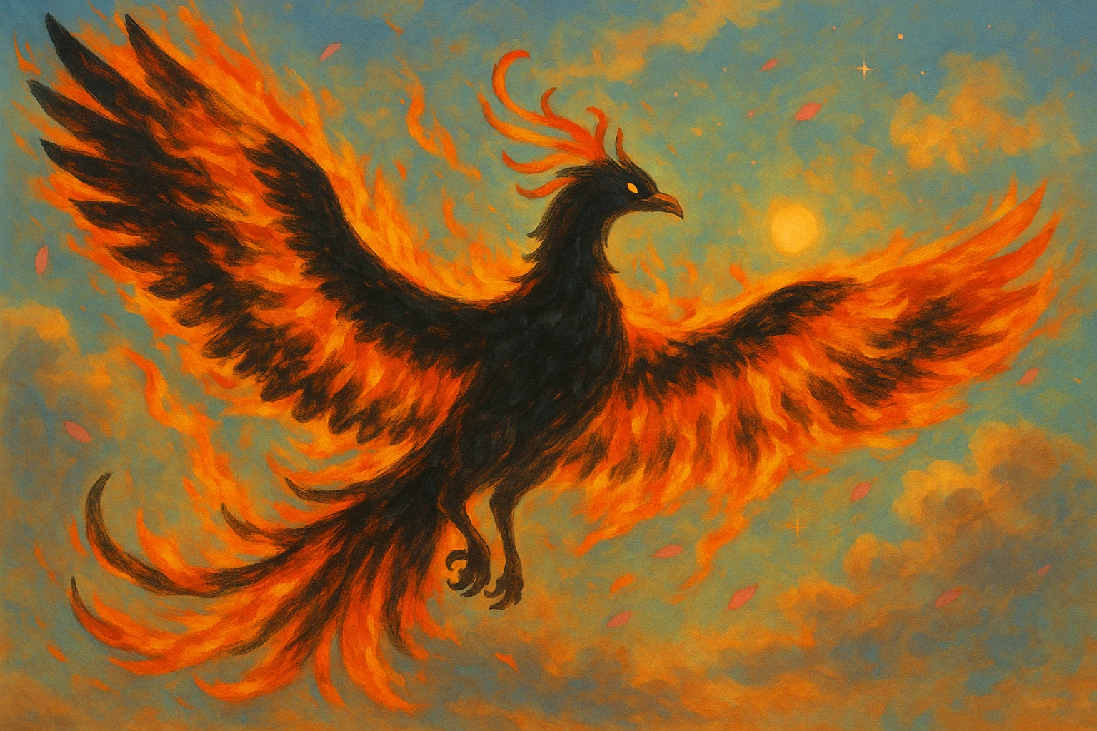 Transform this Ghibli-style phoenix into a dark phoenix: make the bird's body black, with shining, vivid flames in orange, red, and yellow. Preserve the painterly look and keep the background as is. emoji