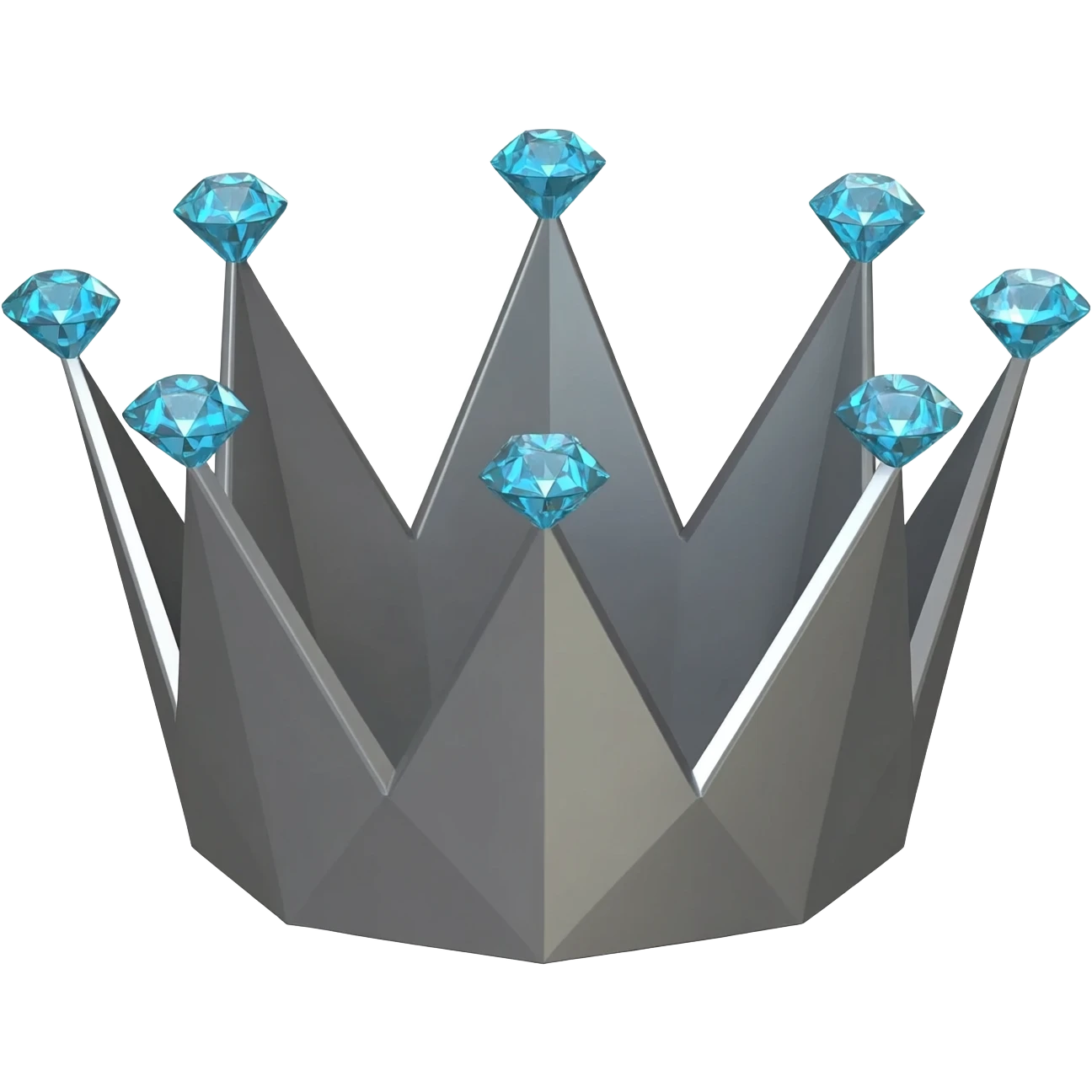 Minimalist 3D emoji based on: grey-graphite geometric crown made of cold, grey brushed steel. Integrated at the top is a severe; one large, sparkling light blue diamond is set precisely on each of its points. Soft, even lighting, isolated for sticker quality emoji
