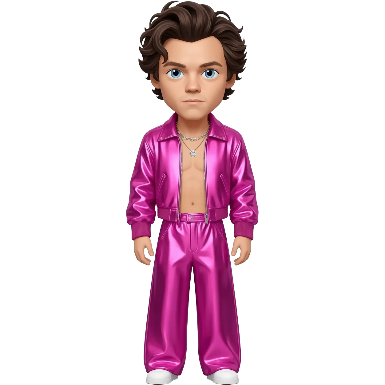 Harry Styles with blue eyes, dark brown hair, fuchsia metallic jacket, fuchsia metallic baggy pants, shirtless with necklace emoji