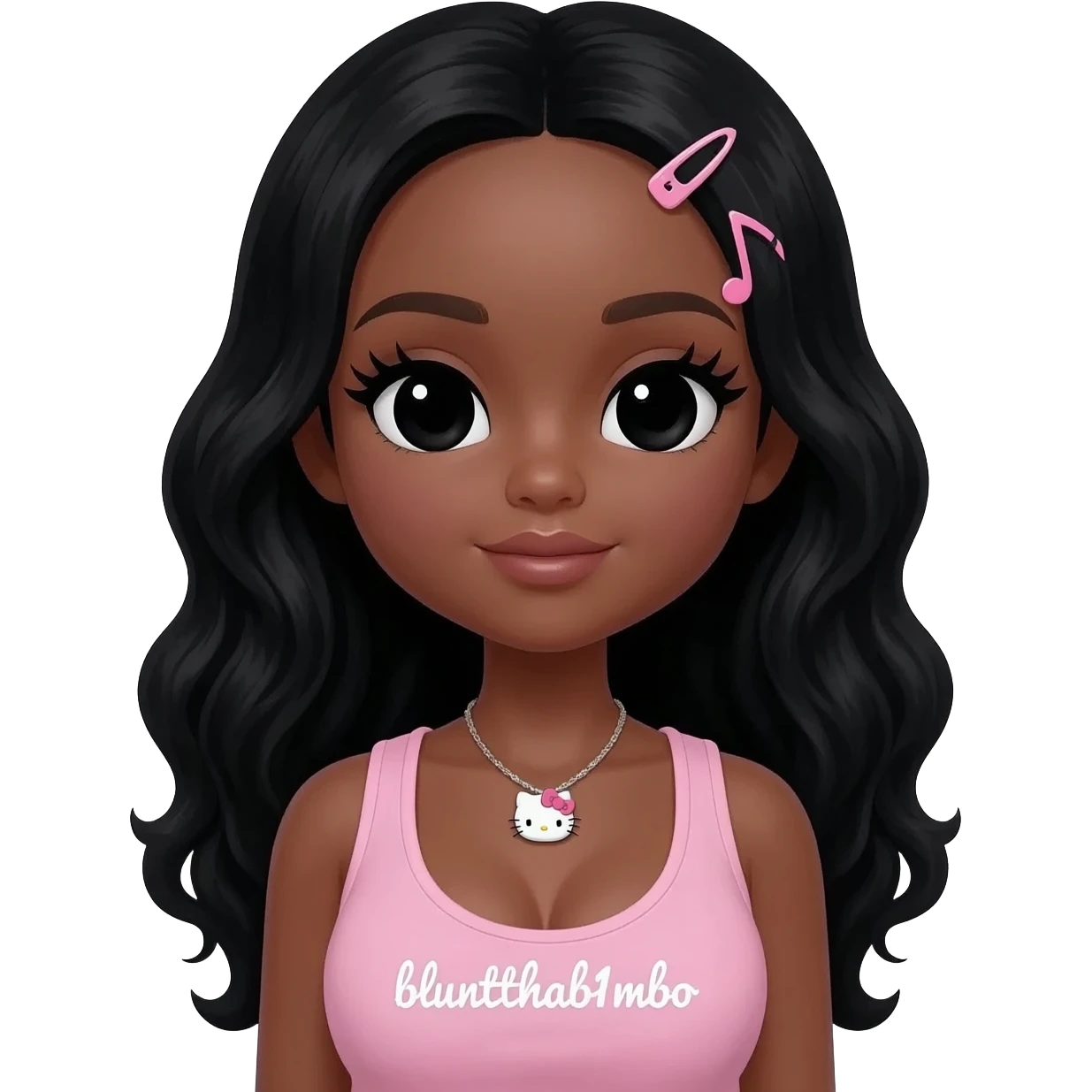 Long giant lashes, my melody hairclip, Doll faced shaped, hello kitty necklace, bimbo, black doll eyes, barbie, dark brown skin with long curls bl hair, light pink bimbo sleeveless shirt says "bluntthab1mbo", big breast emoji