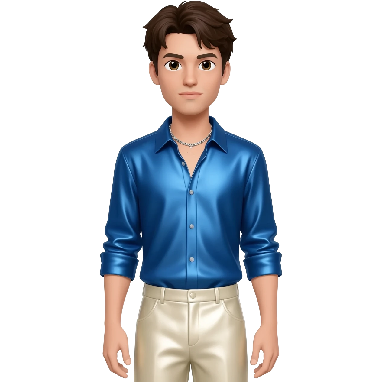 Jonathan Bailey with dark brown hair, blue metallic shirt, ivory metallic baggy pants, silver necklace emoji