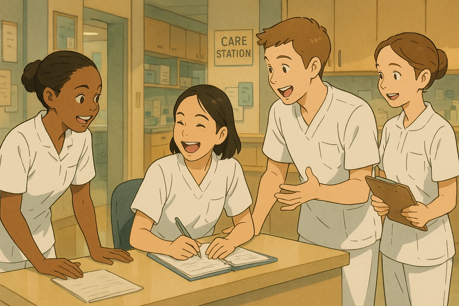 quatre étudiants infirmiers, d'après les photos, en pleine interaction dans un poste de soin, ambiance d'équipe, style Ghibli, uniformes blancs, tuniques à col en V, poche poitrine gauche, manches courtes, pas de col classique, ni stéthoscopes, ni tissus sous les manches, scène vivante et collaborative emoji