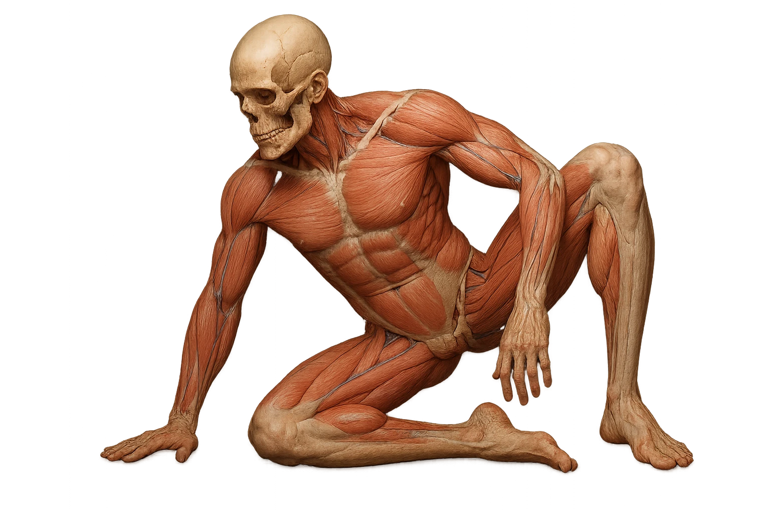CORPO UMANO ANATOMICO REALISTICO CHE SVOLGE UN ESERCIZIO DI MOBILITà ALLE ANCHE, iperrealistico 4k emoji