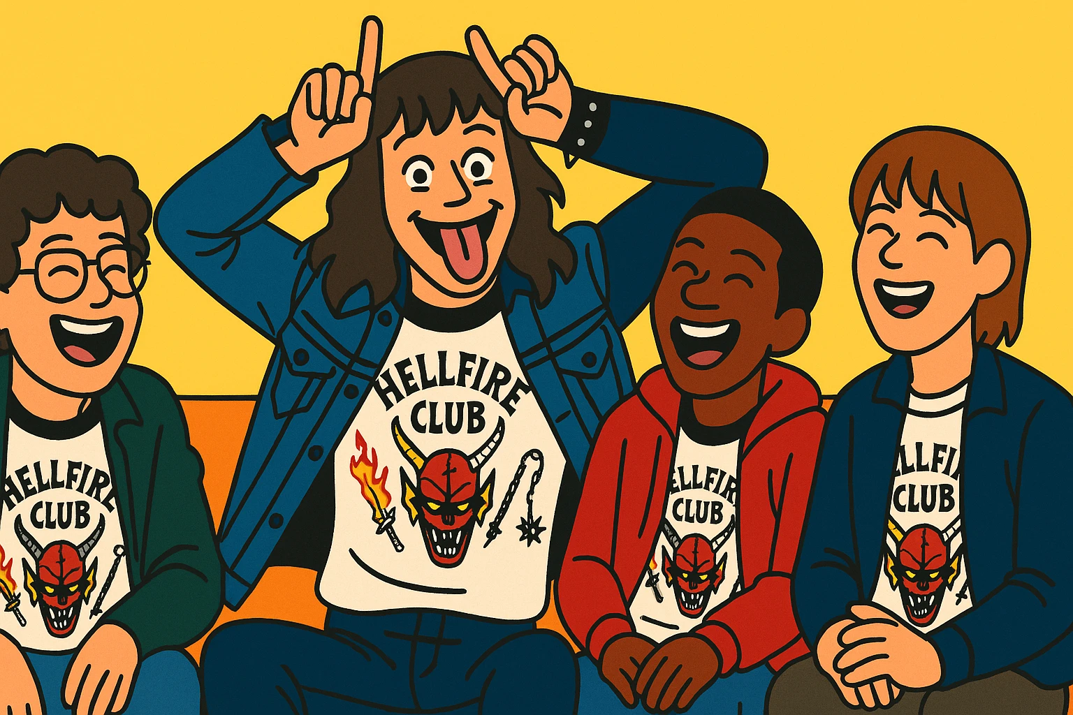 Eddie Munson from Stranger Things in vibrant toon style, wide aspect ratio (16:9), sitting with friends from Hellfire Club, laughing, lighter vivid colors and dark outlines. emoji