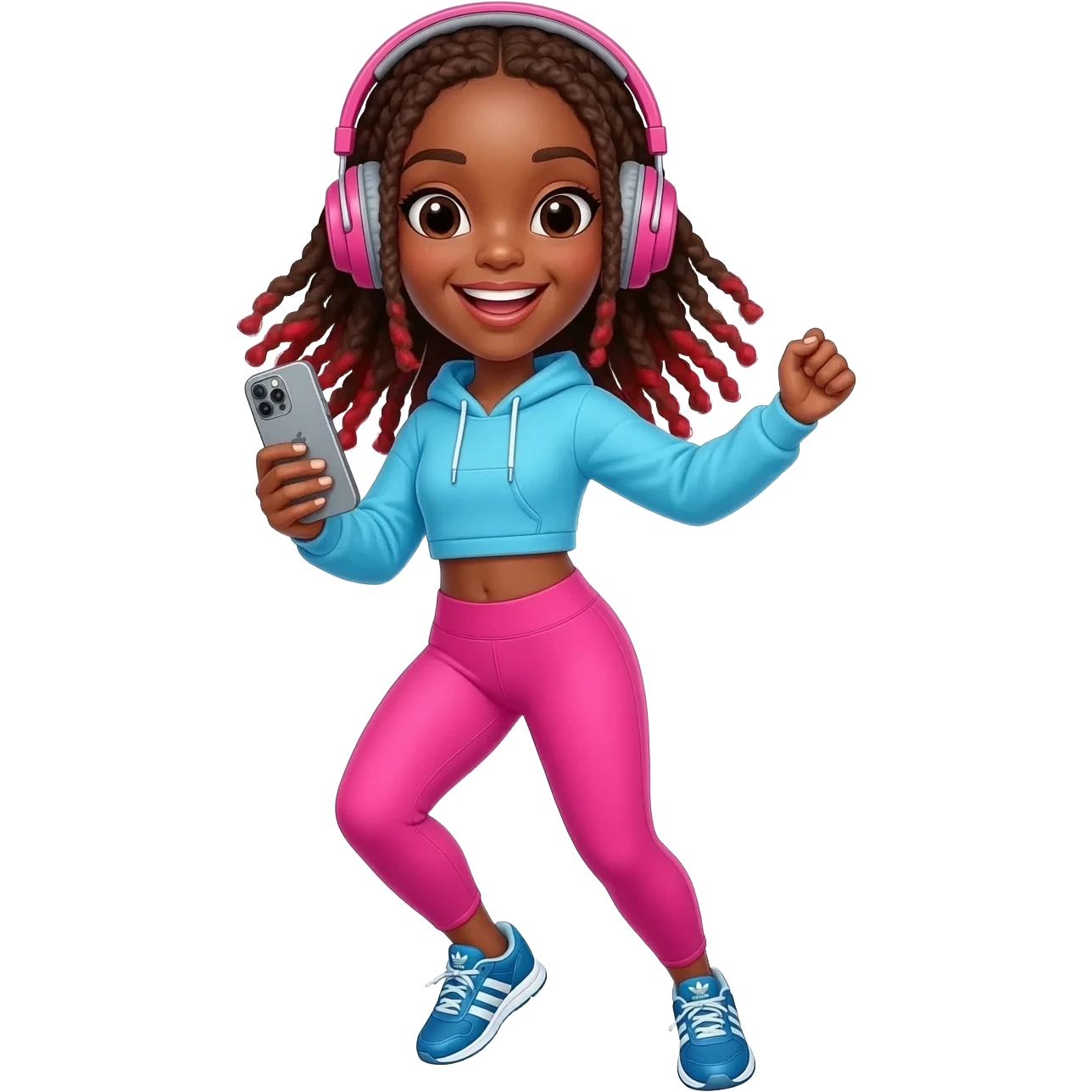 African American girl with long brown dreadlocks with red tips, pink workout leggings and a bright blue cropped hoodie, wearing big pink headphones and blue adidas pumps, happy dancing phone in hand emoji