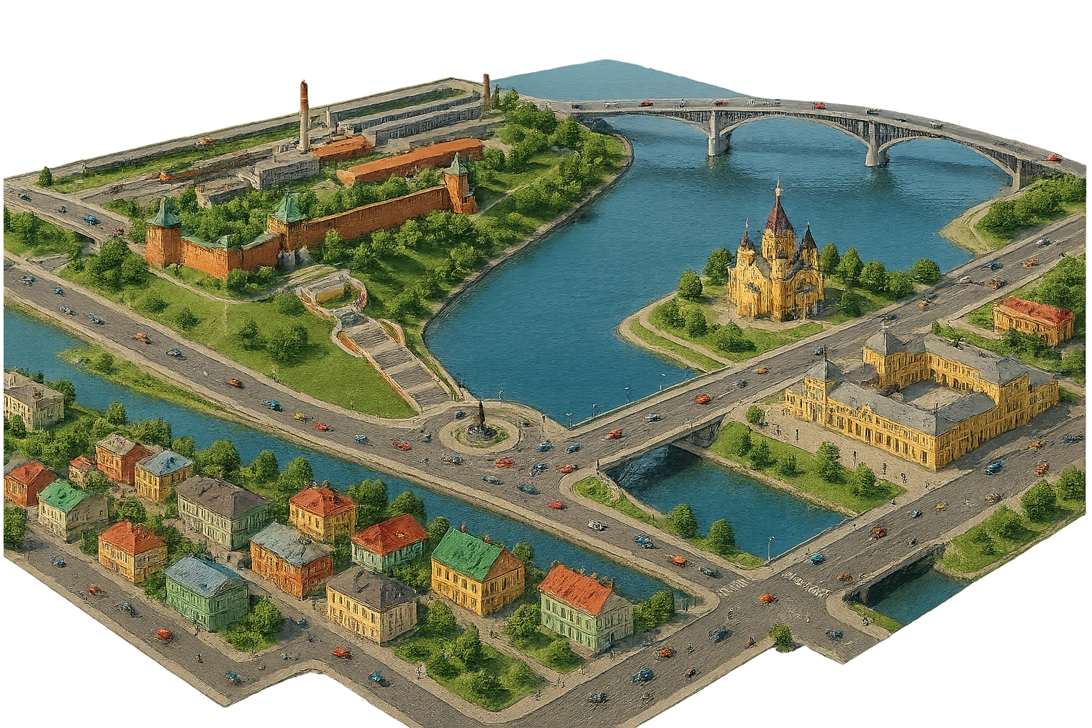 Изометричная миниатюрная фотореалистичная 3D модель панорамы Нижнего Новгорода - Нижегородский Кремль, Стрелка между Окой и Волгой, ГАЗ, Чкаловская лестница, Борский Мост через Волгу, Нижегородская ярмарка, нижегородские дома, автотранспорт четкие линии, яркие цвета, люди, компактная композиция, вид сверху в изометрии, прозрачный фон emoji