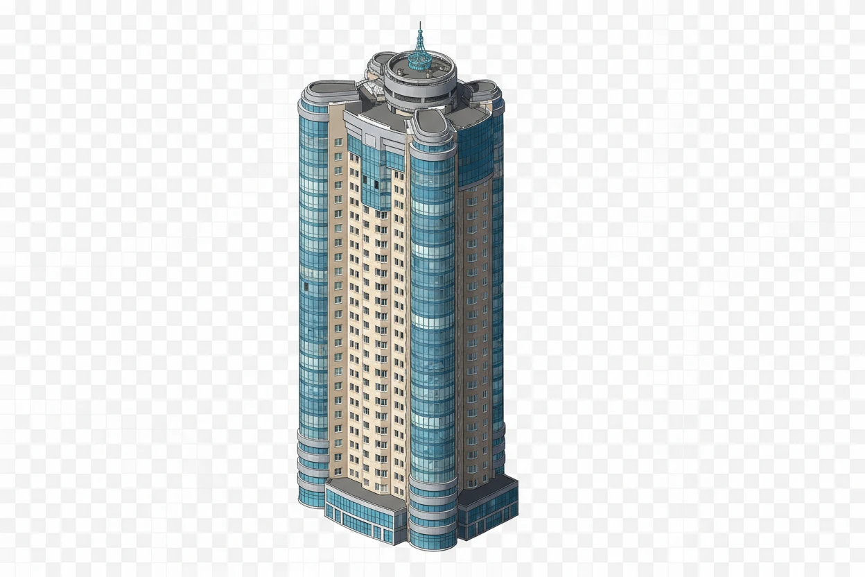 Изометричная, яркая, детализированная, объемная и фотореалистичная отдельная иллюстрация башни «Ладья-2» в Самаре. Чёткие контуры, не размазанные линии, высокое качество, прозрачный фон, не обрезать края картинки emoji