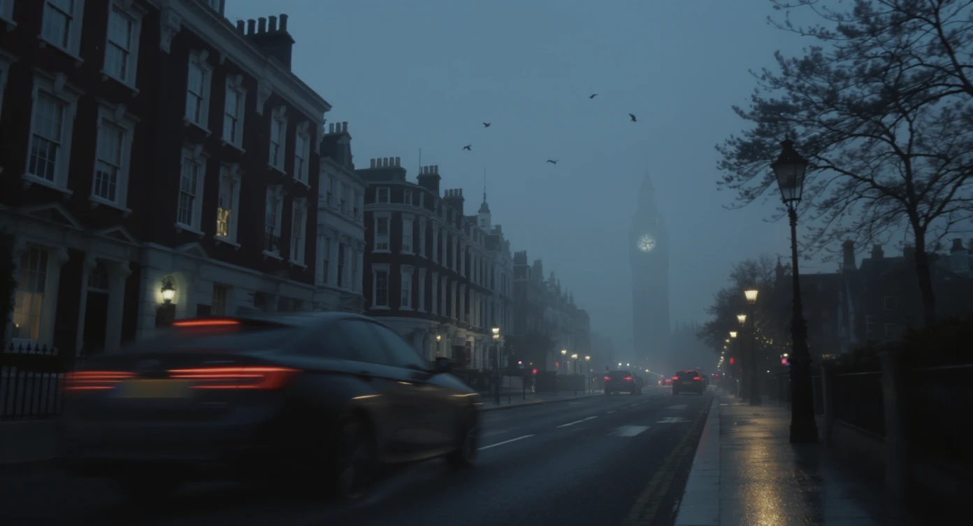 Cinematic shot of a london street, cloudy foggy day, soft light, car flying, leading lines to big ben in distance, multi composition, in foreground blurred car, on second street around UK bulding, od another plan in distance big ben, birds flying, artistic look, captured on arri alexa 35, blue hour emoji