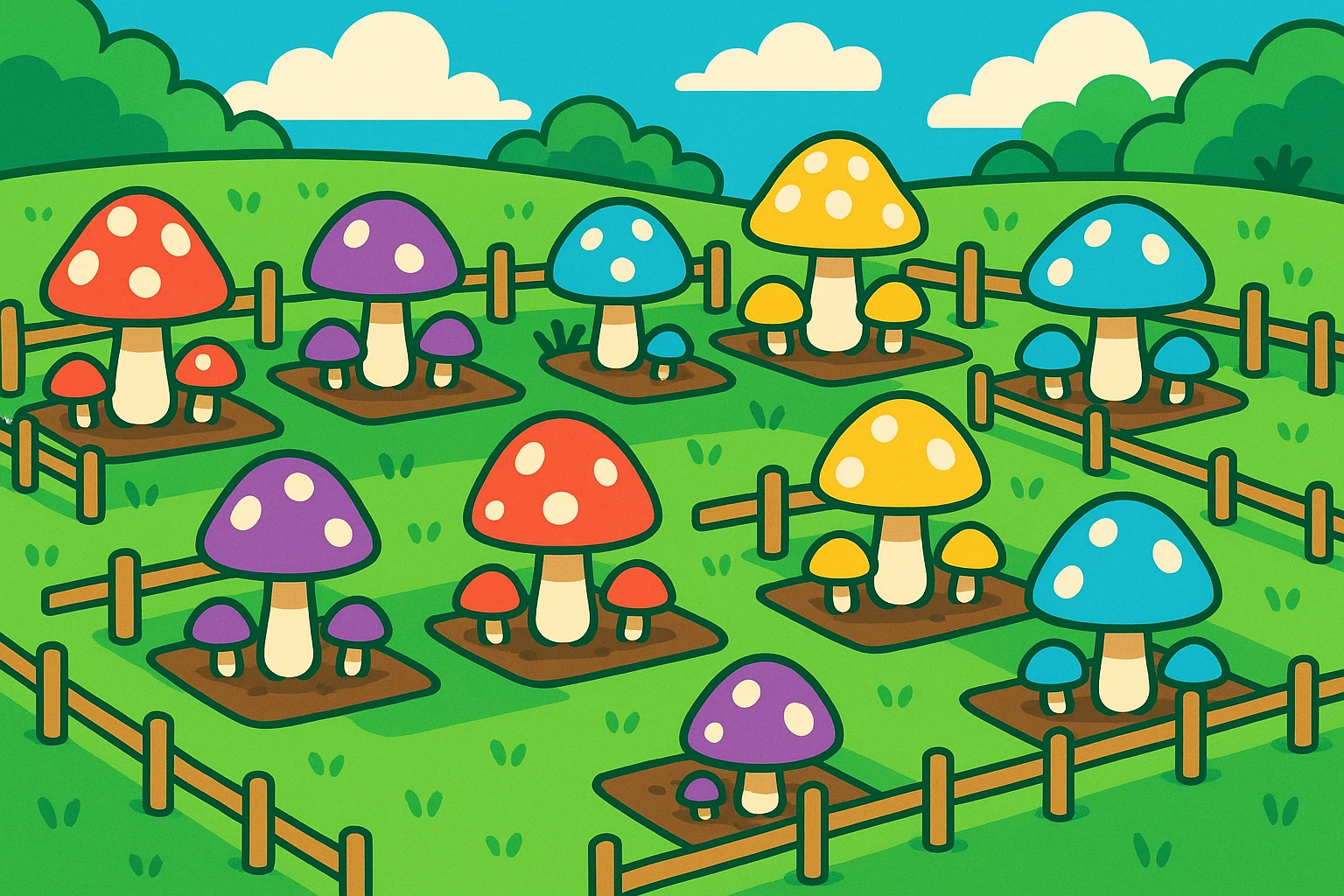 whimsical fungi farm with colorful mushrooms growing in neat rows, surrounded by tiny fences, in a lush green field, vibrant cartoon style emoji