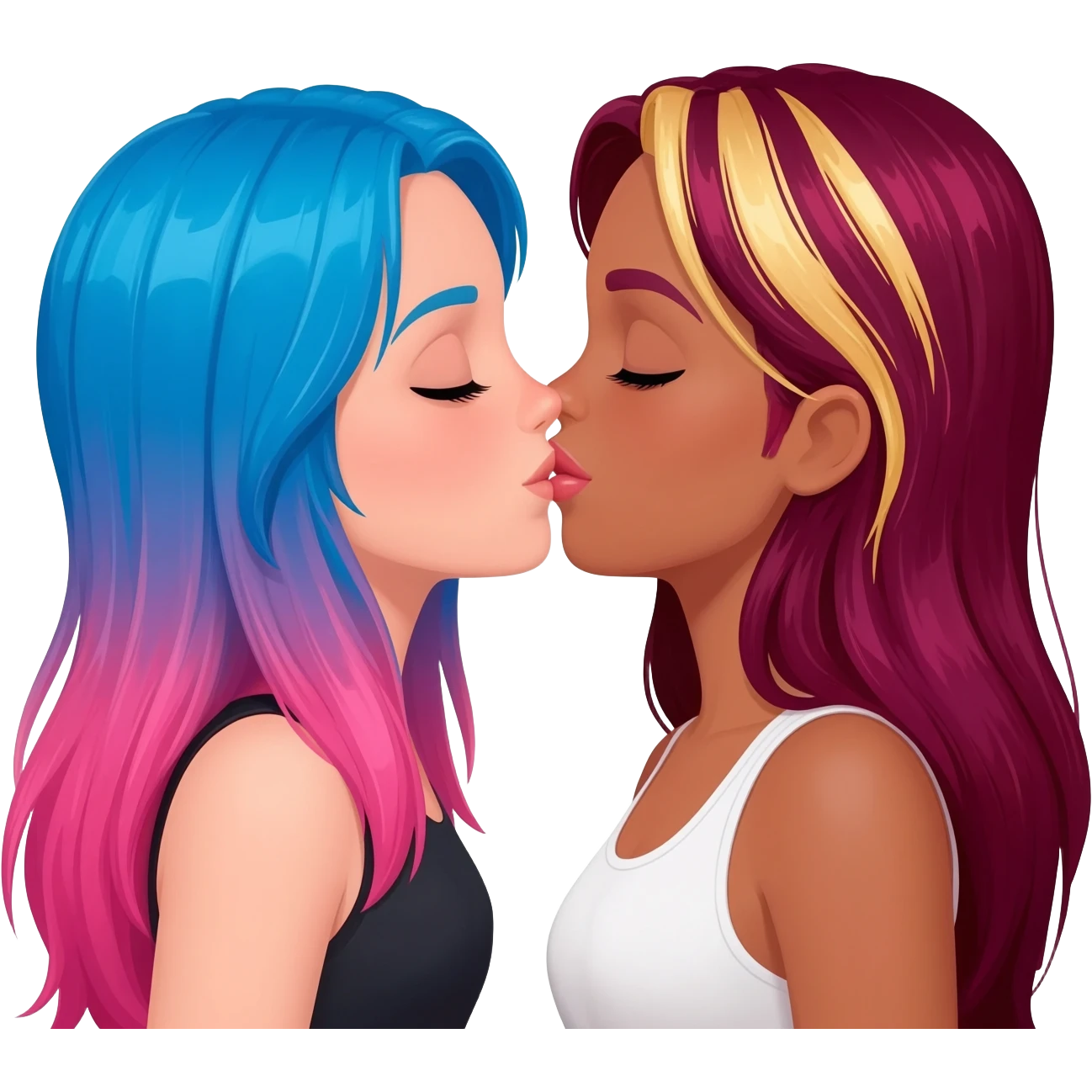 white, femme lesbians kissing, one has long blue and pink hair, the other has long burgundy hair with streaks of blonde and pink at the front emoji