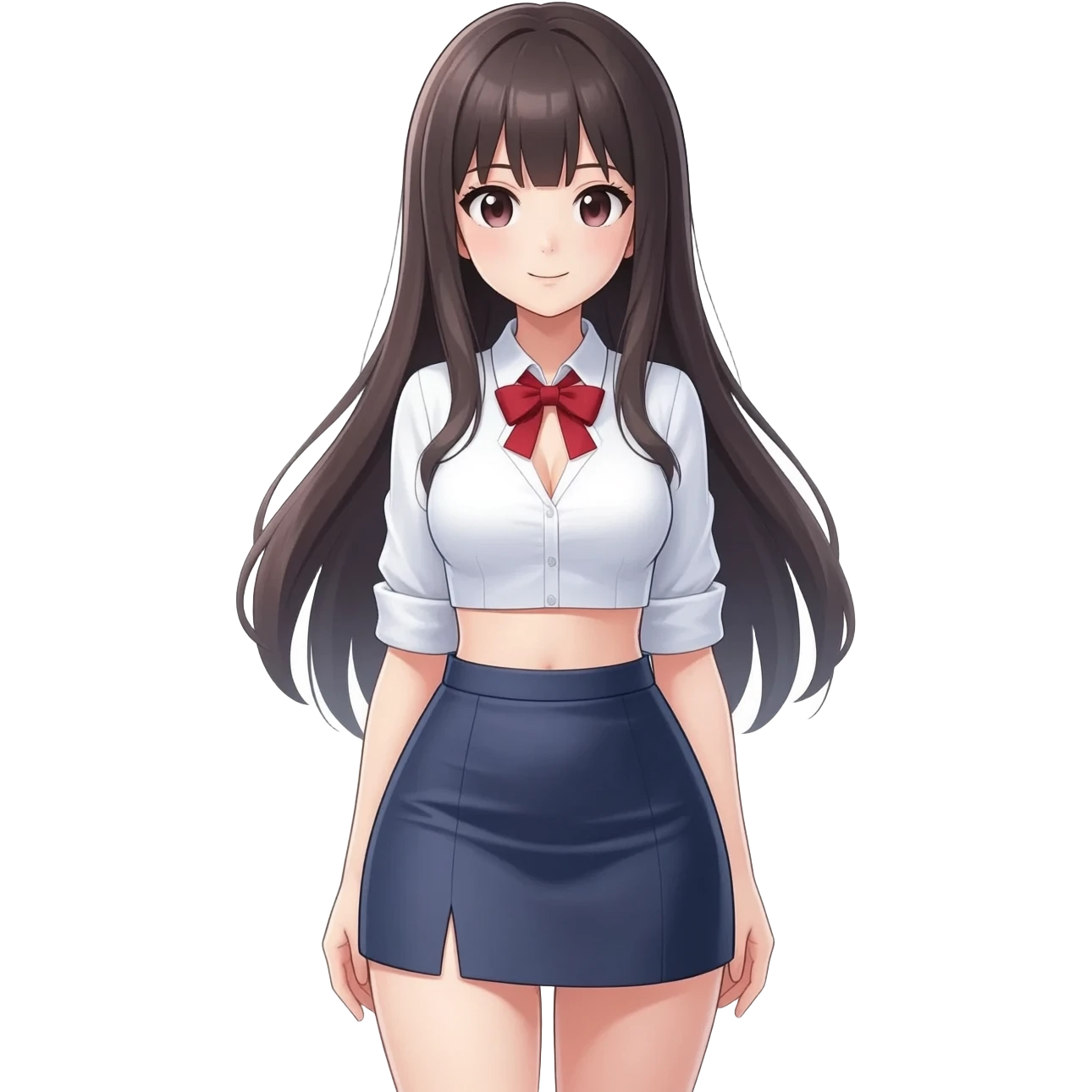 A hot Japanese anime girl wearing hot office wear a mini skirt and a crop top whoch can show her cleavage emoji